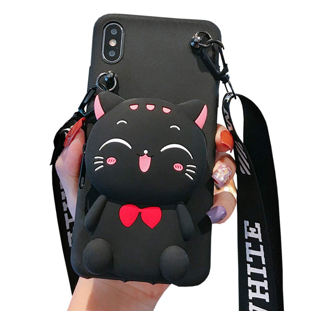 SGVAHY Wallet Case for iPhone 6 Plus Case/iPhone 6S Plus Case Cute iPhone Case with Strap Lanyard Coin Purse Funny Phone Case Kawaii Soft Silicone Shockproof Cover Case for Women Girls (Cat Black)